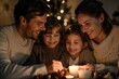 © Milos - A close-up of a family of four, parents and two children, gathered around candles, sharing a happy moment together, symbolizing love, warmth, and holiday spirit.