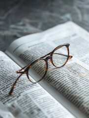 Aufkleber - Eyeglasses are resting on an open book with a simple, minimalist background. Generative AI