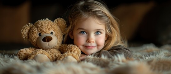 Wall Mural - Little Girl with Teddy Bear on a Furry Blanket