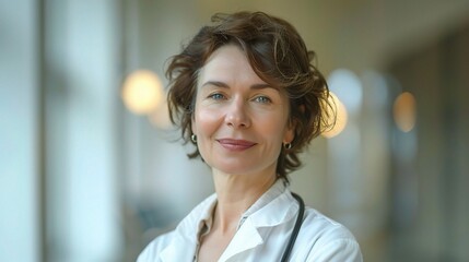 Wall Mural - Compassionate Doctor Portrait:  A woman doctor with a kind and caring expression, in a white coat with a stethoscope, smiles warmly at the camera. 
