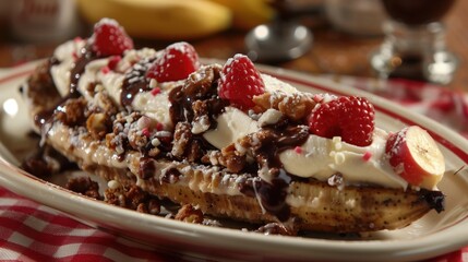 Wall Mural - Banana split dessert with whipped cream, chocolate sauce and maraschino cherries on wooden cutting board