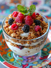 Canvas Print - Yogurt parfait with granola and berries on a colorful plate.