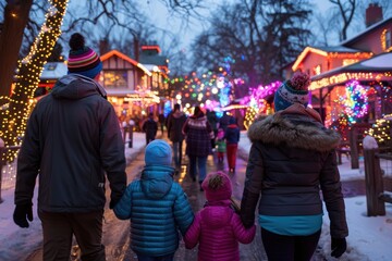 A cozy winter evening scene showing a family enjoying a walk through a festive display of colorful Christmas lights in a decorated village, sharing warmth and holiday spirit.