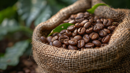 Close-up of roasted coffee beans in burlap sack