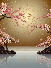 Wall Mural - Luxury gold oriental vector background, Chinese and Japanese line art, cherry blossoms, flamingo