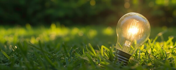 Light bulb glowing on green grass in garden at sunset