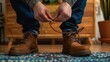 © COK House - Man tying brown boots on blue carpet in a room with wooden elements. Domestic setting hints living room scene.