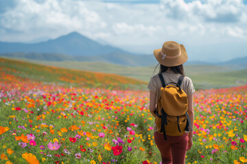 Wall Mural - Young woman trekking through a blooming flower field