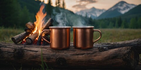 Wall Mural - Outdoor relaxation concept Two copper mugs filled with a steaming beverage sit on a log beside a campfire, encapsulating the essence of a cozy camping experience.