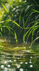 Wall Mural - Green blades of grass bend over a shimmering pond