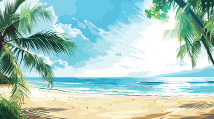 Summer, rest and Travel concept design with tropical beach and palm trees, vector