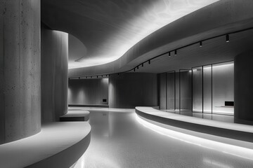 Wall Mural - minimalist showroom interior with curved concrete walls soft diffused lighting creates subtle shadows highlighting sleek and modern architectural design