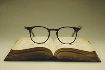 Aufkleber - A pair of eyeglasses rests on an open book against a plain background. Generative AI