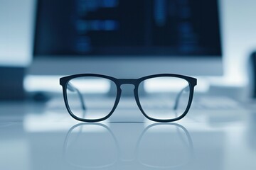 Aufkleber - Black eyeglasses sit on a clean desk in front of a blurred computer. Generative AI