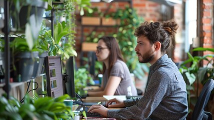 Enterprise developers coding green tech applications in a modern office, surrounded by eco-friendly gadgets and indoor plants. No text, no logo, no trademarks