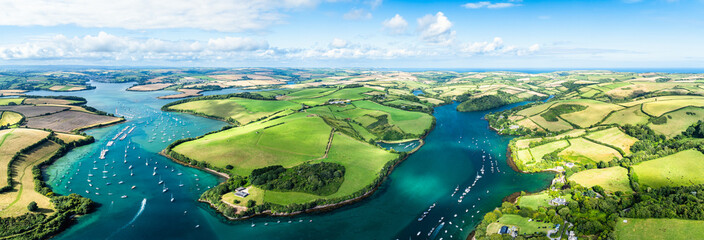 Wall Mural - Salcombe and Mill Bay over Kingsbridge Estuary from a drone, Batson Creek, Southpool Creek, Devon, England, Europe