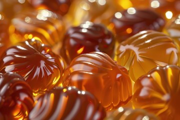 Sticker - Close up of delicious orange and brown caramel candies glistening under warm lighting