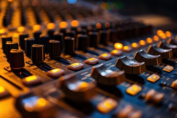 professional audio mixing console in dimly lit recording studio closeup of faders knobs and led indicators with blurred microphone stand in background