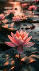 Wall Mural - A delicate pink lotus blossom blooms in a pond as the sun sets