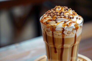 Wall Mural - Close up of a caramel coffee latte being topped with whipped cream and chocolate sprinkles