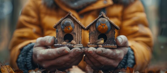 A Pair of Birdhouses Held in Rough Hands