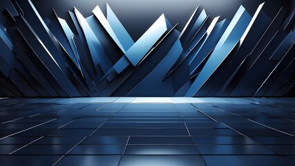 Poster - Abstract backdrop with sharp edges, dark blue gradient, black lines and geometric patterns, and light reflection on the metal surface in a modern minimalist manner