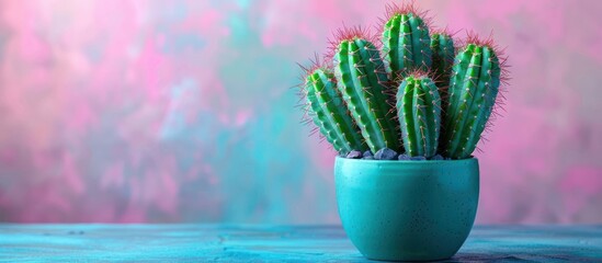 Wall Mural - Cactus in a Teal Pot Against a Pink and Blue Background