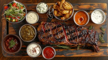 Canvas Print - A juicy steak served on a wooden board, with a variety of dipping sauces and side dishes, ready for sharing.