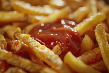 Wall Mural - A plate of crispy French fries served with ketchup, perfect for snacking or as part of a meal