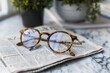 © Анатолий Сав - A pair of brown tortoiseshell eyeglasses rest on an open newspaper, with a blurred background. Generative AI