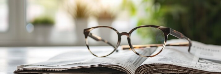Aufkleber - Eyeglasses rest on an open book with a blurred background. Generative AI