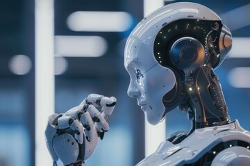 Wall Mural - Close-up of a contemplative humanoid robot, showcasing advanced robotics and artificial intelligence in a futuristic setting.