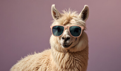 Wall Mural - Creative animal concept. Llama in sunglass shade glasses isolated on solid pastel background, commercial, editorial advertisement, surreal surrealism