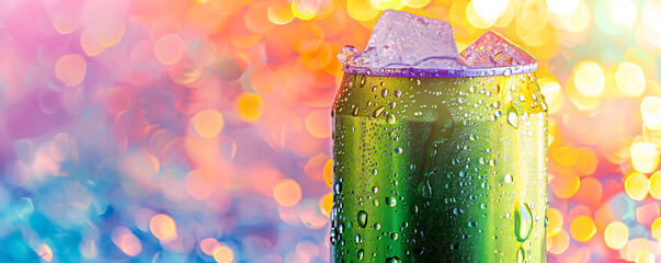 green beverage blank can with condensation amidst ice cubes, set against a vibrant blurred background