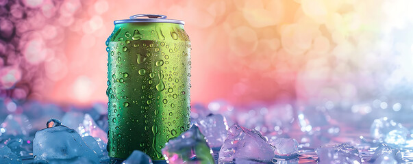 green beverage blank can with condensation amidst ice cubes, set against a vibrant blurred background