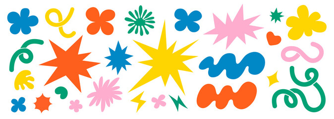abstract clouds and flowers shapes sticker set. groovy funky flowers, bubbles, stars, loops and wave