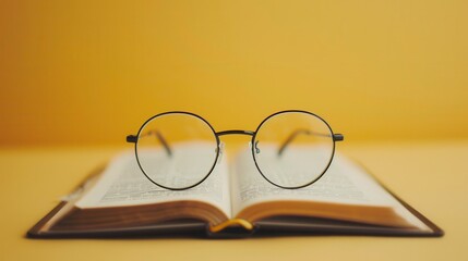 Aufkleber - Round eyeglasses rest on a open book against a minimalist yellow background. Generative AI