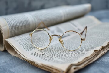 Aufkleber - Round eyeglasses lay on an open book with a minimalist background. Generative AI