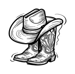 Wall Mural - cowboy hat and boot engraving black and white outline