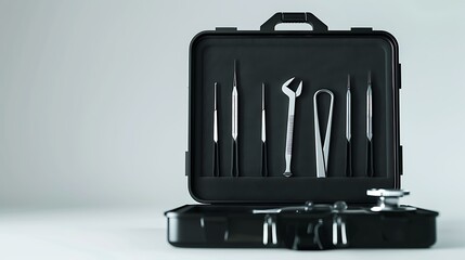 A professional medical tool kit with precision instruments such as tweezers scalpel and a portable otoscope neatly arranged in a sleek black case against a pristine white background