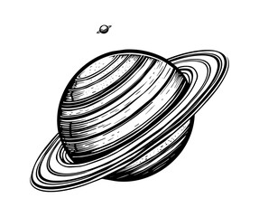 planet saturn engraving black and white outline