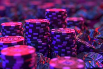 Stacks of poker chips bathed in purple light create an exciting atmosphere for gambling and entertainment