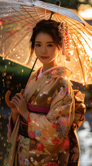 Kimono Elegance in the Rain: A young woman in a traditional Japanese kimono stands gracefully under a transparent umbrella, her serene expression and delicate floral patterns creating a captivating