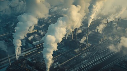 Wall Mural - An aerial view of a large coal-fired power plant with smokestacks emitting steam.