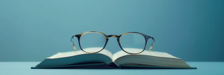 Fototapete - A pair of eyeglasses rests on an open book against a teal background. Generative AI