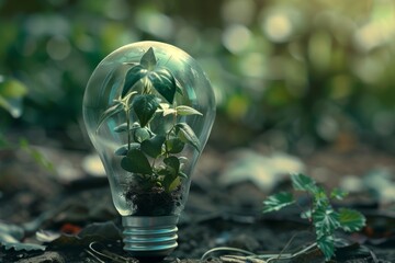 Sticker - A creative representation of sustainability with a plant growing inside a light bulb in a natural setting.