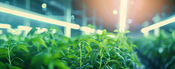 Wall Mural - Green plants growing in a modern and industrial indoor hydroponic farm with artificial lighting blurred background