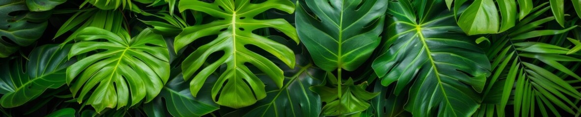 Wall Mural - lush green tropical foliage background - vibrant monstera and palm leaves texture - nature wallpaper