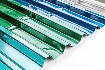 Isolated metal sheet profile for steel roofing panel construction with white background blue and green galvanized