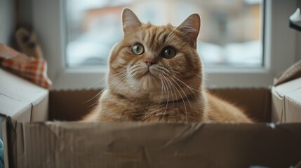 Wall Mural - An endearing shot of a fat cat sitting in a large box, with only its head and belly visible.